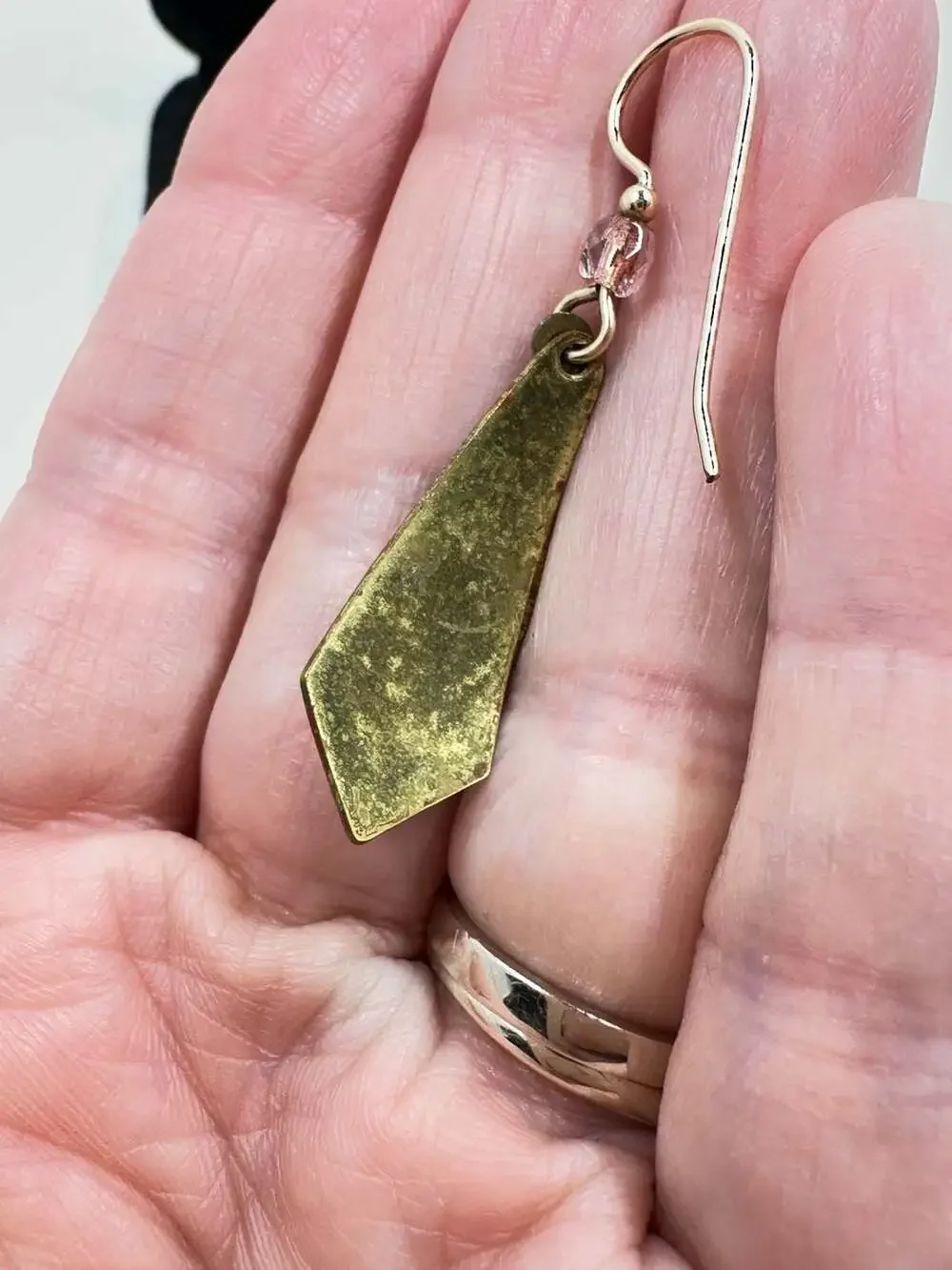 Artisan Brass Boho Dangle Earrings Layered Design with Pink Czech Glass